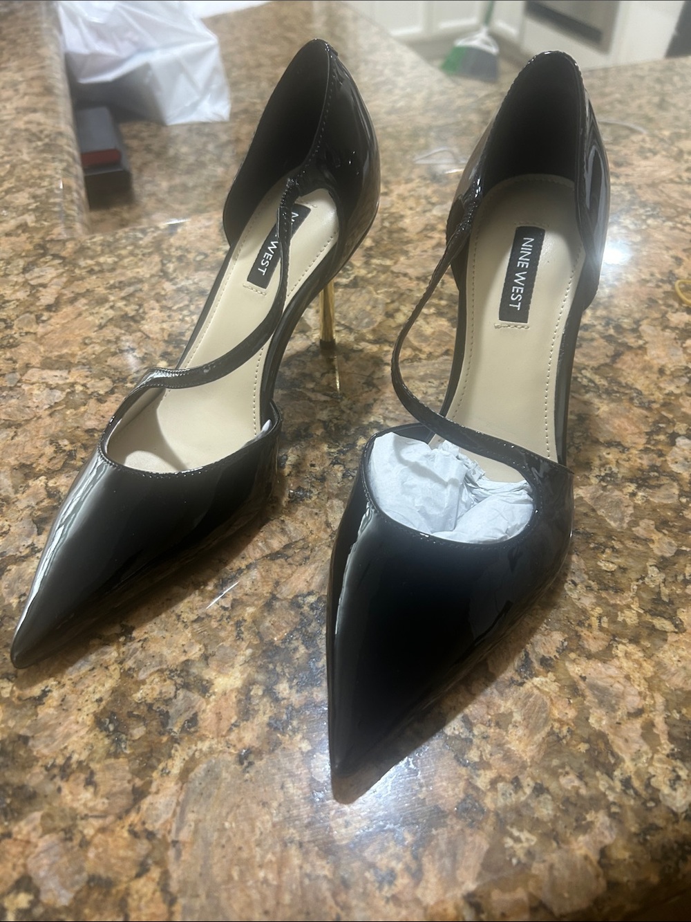 Nine West Black Patent Pointed-Toe Cross-Strap Stilettos with Gold Heel